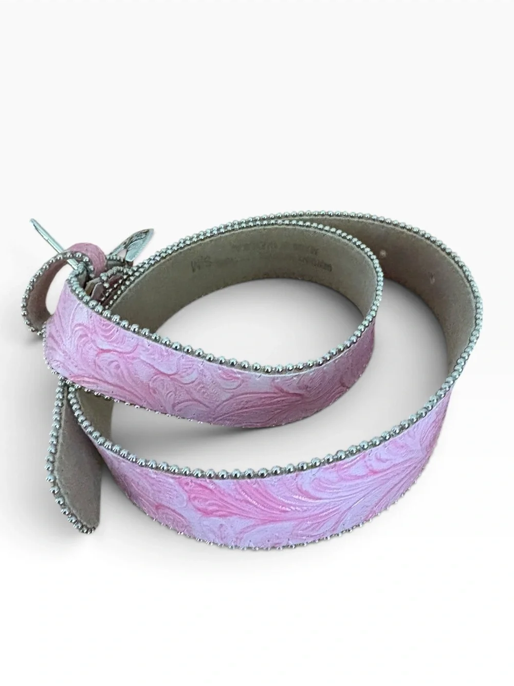 Vintage Western Pink Tooled Leather Belt Silver Western Buckle S/M Beaded Trim